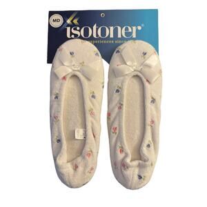 Isotoner Women's White Embroidered Rosebud Terry Ballerina Slippers Sz M 6.5-7.5